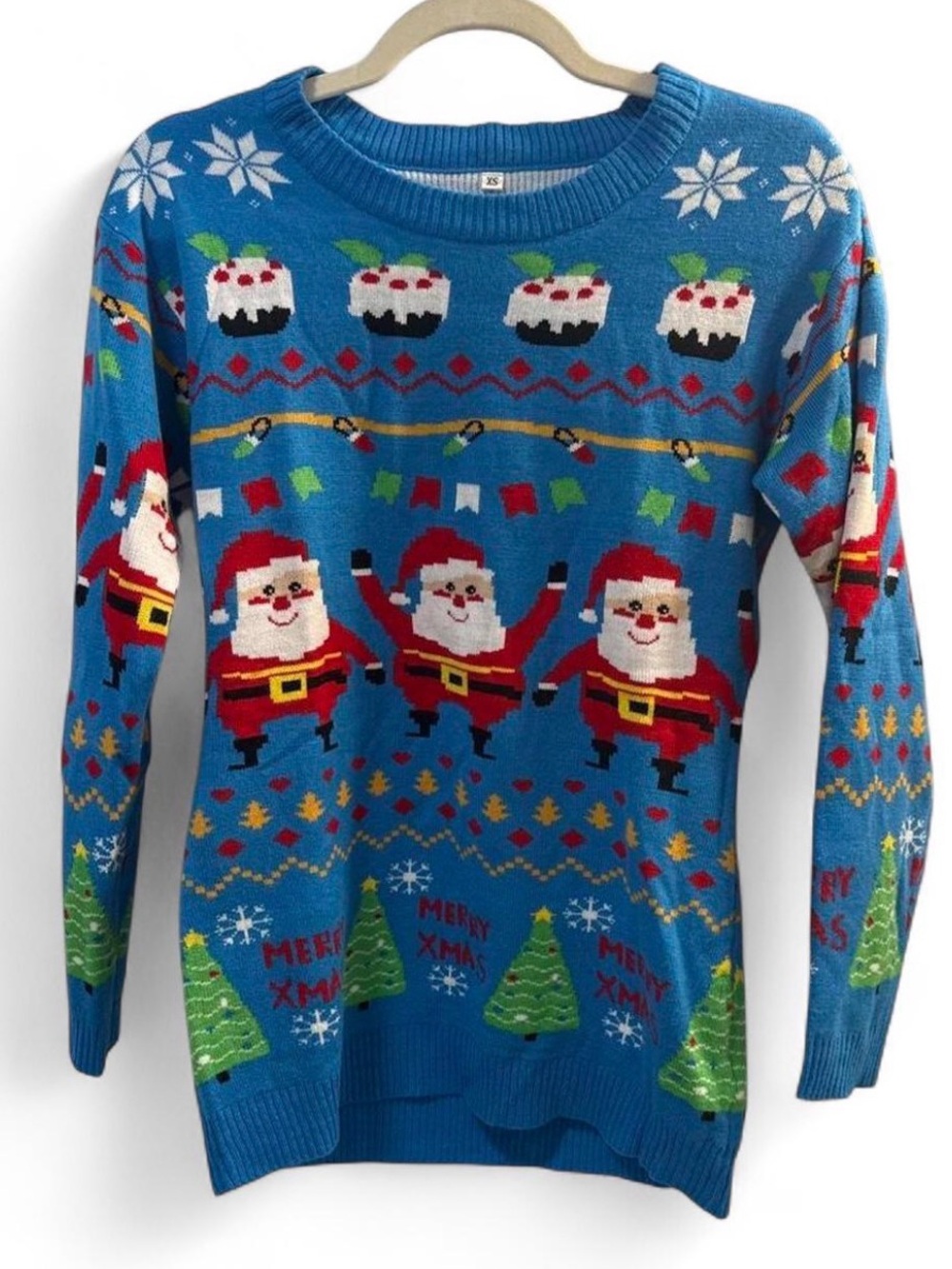 Source Unknown Blue Santa & Christmas Tree Knit Ugly Sweater